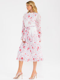 WOMEN'S LONG SLEEVE ELASTIC WAIST SWISS DETAILED FLORAL MIDI DRESS