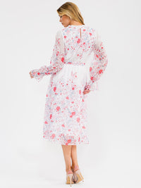 WOMEN'S LONG SLEEVE ELASTIC WAIST SWISS DETAILED FLORAL MIDI DRESS