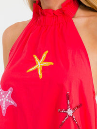 WOMEN'S SLEEVELESS HALTER NECK FRONT POCKETS OPEN BACK SEQUINS STARS MINI DRESS