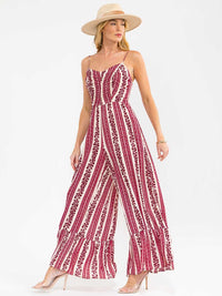 WOMEN'S SLEEVELESS FRONT POCKETS SMOCK PRINTED WIDE LEG JUMPSUIT