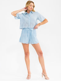 WOMEN'S SHORT SLEEVE TOP & MINI SHORTS EYELET DETAILED 2PC. SET