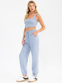 WOMEN'S SQUARE NECK CROP TOP & ELASTIC WAIST JOGGER PANTS DETAILED 2PC. SET