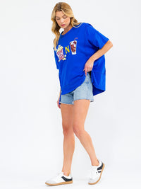 WOMEN'S SHORT SLEEVE SEQUINS GRAPHIC HIGH-LOW OVERSIZED TOP