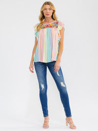 WOMEN'S RUFFLE SLEEVE FLORAL EMBROIDERY MULTI STRIPES BLOUSE