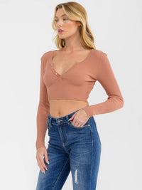 WOMEN'S LONG SLEEVE V-NECK RIBBED CROP TOP