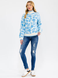 WOMEN'S LONG SLEEVE COLORBLOCK FLOWER PRINT PULLOVER SWEATER
