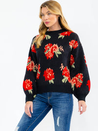 WOMEN'S LONG SLEEVE FLOWER PRINT PULLOVER SWEATER