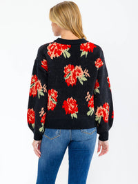 WOMEN'S LONG SLEEVE FLOWER PRINT PULLOVER SWEATER