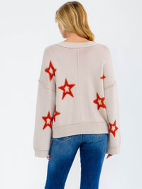 WOMEN'S LONG BELL SLEEVE V-NECK STARS PRINT PULLOVER SWEATER