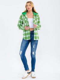 WOMEN'S LONG SLEEVE BUTTON CLOSURE FRONT POCKETS HOODED PLAID JACKET