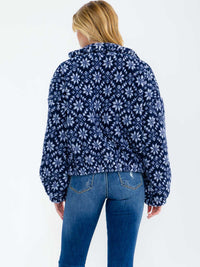 WOMEN'S LONG SLEEVE ZIPPER CLOSURE FRONT POCKETS FLORAL SHERPA JACKET