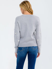 WOMEN'S LONG SLEEVE HEART & BOWS DETAILED PULLOVER SWEATER