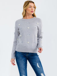 WOMEN'S LONG SLEEVE HEART & BOWS DETAILED PULLOVER SWEATER