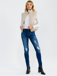 WOMEN'S SLEEVELESS BUTTON UP FRONT POCKETS PU PLEATHER PUFFER VEST
