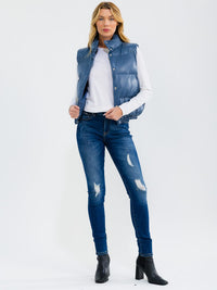WOMEN'S SLEEVELESS BUTTON UP FRONT POCKETS PU PLEATHER PUFFER VEST