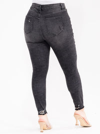 PLUS SIZE BUTTON CLOSURE POCKETS WASHED DISTRESS DENIM SKINNY STRETCH PANTS