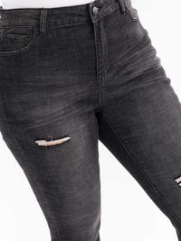 PLUS SIZE BUTTON CLOSURE POCKETS WASHED DISTRESS DENIM SKINNY STRETCH PANTS