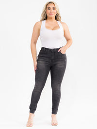 PLUS SIZE BUTTON CLOSURE POCKETS WASHED DENIM SKINNY STRETCH PANTS