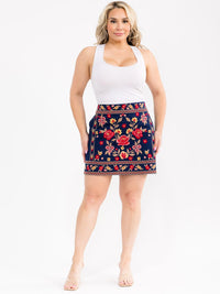 PLUS SIZE ELASTIC WAIST FLORAL EMBROIDERY DENIM MINI SKIRT