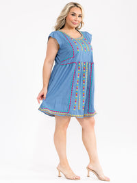 PLUS SIZE SHORT SLEEVE POCKETS MULTI PRINT EMBROIDERY DENIM MINI DRESS