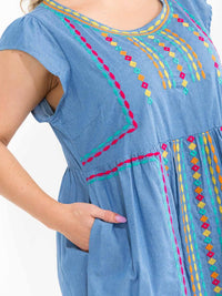 PLUS SIZE SHORT SLEEVE POCKETS MULTI PRINT EMBROIDERY DENIM MINI DRESS