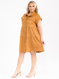 PLUS SIZE SHORT SLEEVE BUTTON UP TIERED LOOSE FIT MINI DRESS