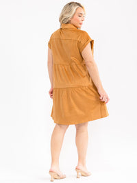 PLUS SIZE SHORT SLEEVE BUTTON UP TIERED LOOSE FIT MINI DRESS
