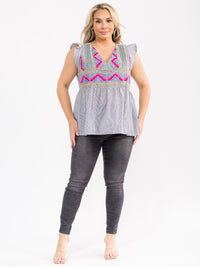 PLUS SIZE RUFFLE SLEEVE V-NECK FLORAL EMBROIDERY MULTI STRIPES BLOUSE