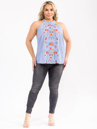 PLUS SIZE SLEEVELESS HALTER NECK FLORAL EMBROIDERY STRIPES DENIM TANK TOP