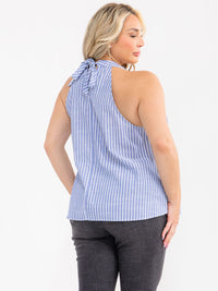PLUS SIZE SLEEVELESS HALTER NECK FLORAL EMBROIDERY STRIPES DENIM TANK TOP