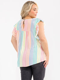 PLUS SIZE RUFFLE SLEEVE FLORAL EMBROIDERY MULTI STRIPES BLOUSE