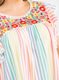 PLUS SIZE RUFFLE SLEEVE FLORAL EMBROIDERY MULTI STRIPES BLOUSE