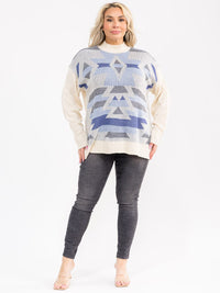 PLUS SIZE LONG SLEEVE MOCK NECK PRINT COLORBLOCK PULLOVER SWEATER