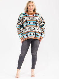PLUS SIZE LONG SLEEVE MULTI PRINT COLORBLOCK PULLOVER SWEATER