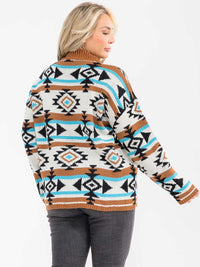 PLUS SIZE LONG SLEEVE MULTI PRINT COLORBLOCK PULLOVER SWEATER