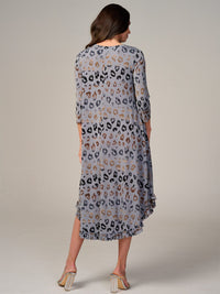 WOMEN'S 3/4 SLEEVE FRONT POCKETS ANIMAL PRINT RUFFLE BOTTOM HEM MAXI DRESS