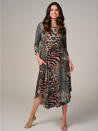 WOMEN'S 3/4 SLEEVE FRONT POCKETS ANIMAL PRINT RUFFLE BOTTOM HEM MAXI DRESS