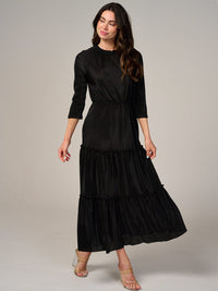 WOMEN'S LONG SLEEVE FRONT POCKETS SELF TIE ELASTIC WAIST MAXI DRESS