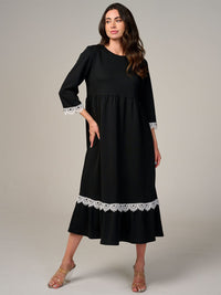 WOMEN'S 3/4 SLEEVE FRONT POCKETS CROCHET TRIM MAXI DRESS
