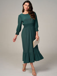 WOMEN'S 3/4 SLEEVE SMOCK WAIST FRONT POCKETS RUFFLE BOTTOM HEM MAXI DRESS