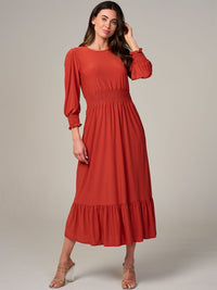 WOMEN'S 3/4 SLEEVE SMOCK WAIST FRONT POCKETS RUFFLE BOTTOM HEM MAXI DRESS
