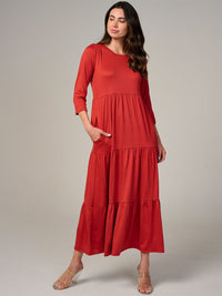WOMEN'S 3/4 SLEEVE FRONT POCKETS TIERED MAXI DRESS