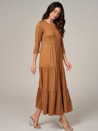 WOMEN'S 3/4 SLEEVE FRONT POCKETS TIERED MAXI DRESS
