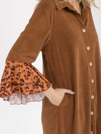 WOMEN'S LONG BELL SLEEVE BUTTON UP FRONT POCKETS ANIMAL PRINT CONTRAST MAXI DRESS