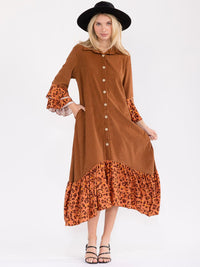 WOMEN'S LONG BELL SLEEVE BUTTON UP FRONT POCKETS ANIMAL PRINT CONTRAST MAXI DRESS