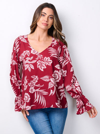 WOMEN'S LONG RUFFLE SLEEVES V-NECK FLORAL BLOUSE TOP