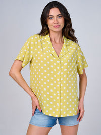 WOMEN'S SHORT SLEEVES FRONT POCKET V-NECK BUTTON UP POLKA DOTS BLOUSE