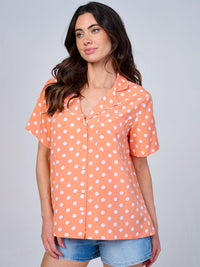 WOMEN'S SHORT SLEEVES FRONT POCKET V-NECK BUTTON UP POLKA DOTS BLOUSE