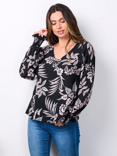 WOMEN'S LONG SMOCK SLEEVES V-NECK FLORAL TUNIC BLOUSE TOP