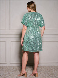 PLUS SIZE SHORT SLEEVE SURPLICE SEQUINS MINI DRESS